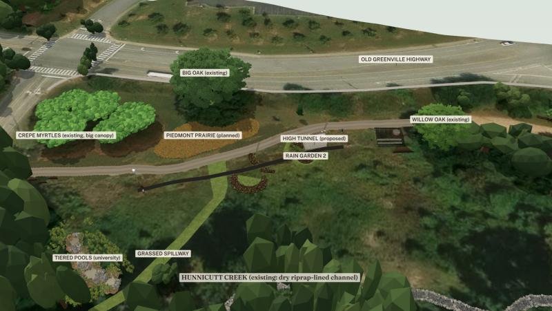 The Hunnicutt Food Forest from above, in the 3D model