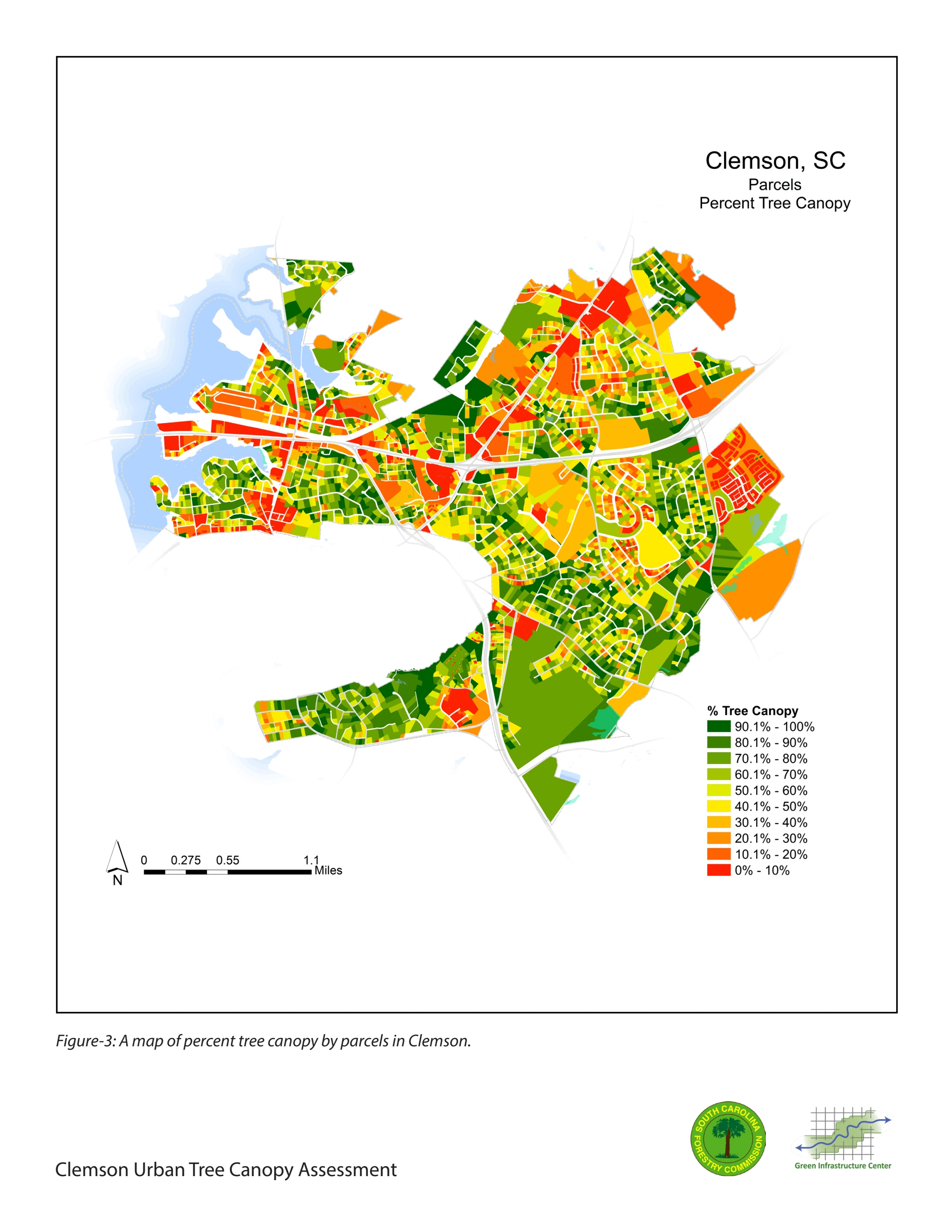 Tree canopy by parcel in Clemson