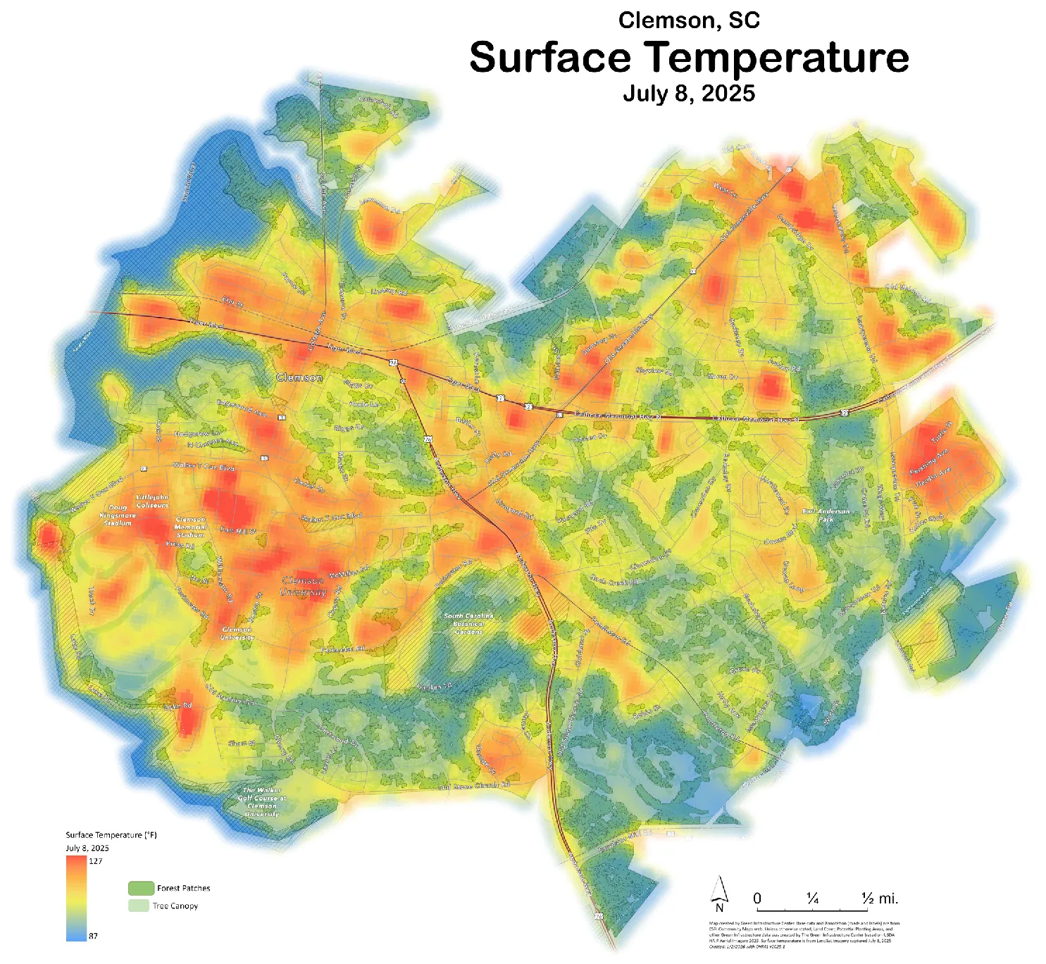 Land-surface temperature map of Clemson on July 8 2025 from Landsat; the scale runs from 87 degrees over the coolest water and woods to 127 over the hottest pavement, with the hottest reds over stadiums, commercial corridors and large parking areas