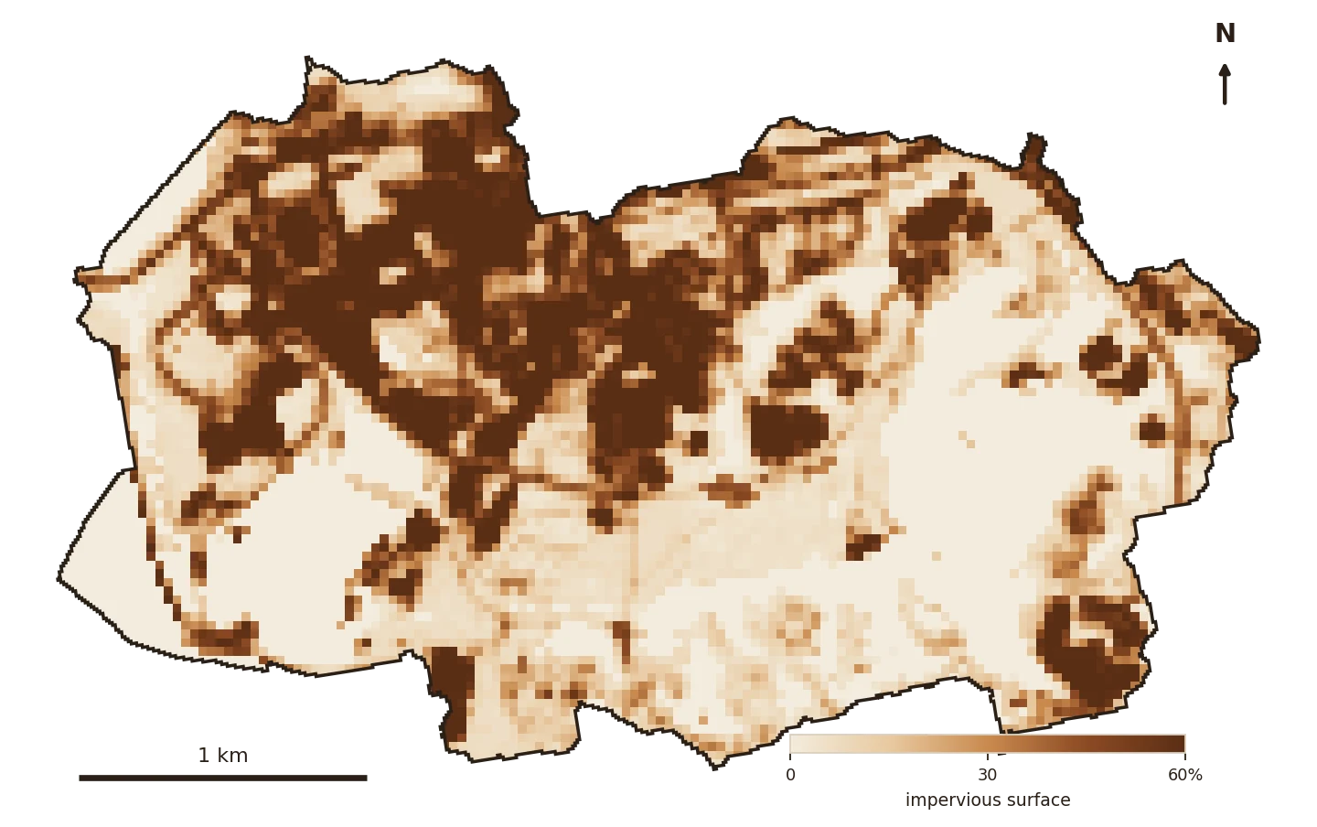 Impervious-surface map of Hunnicutt, darkest over the campus and downtown.