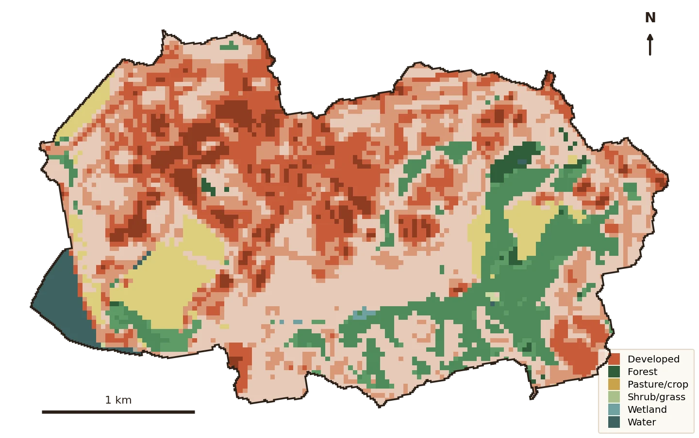 Land-cover map of Hunnicutt, campus core in warm developed tones, forest in the southeast.