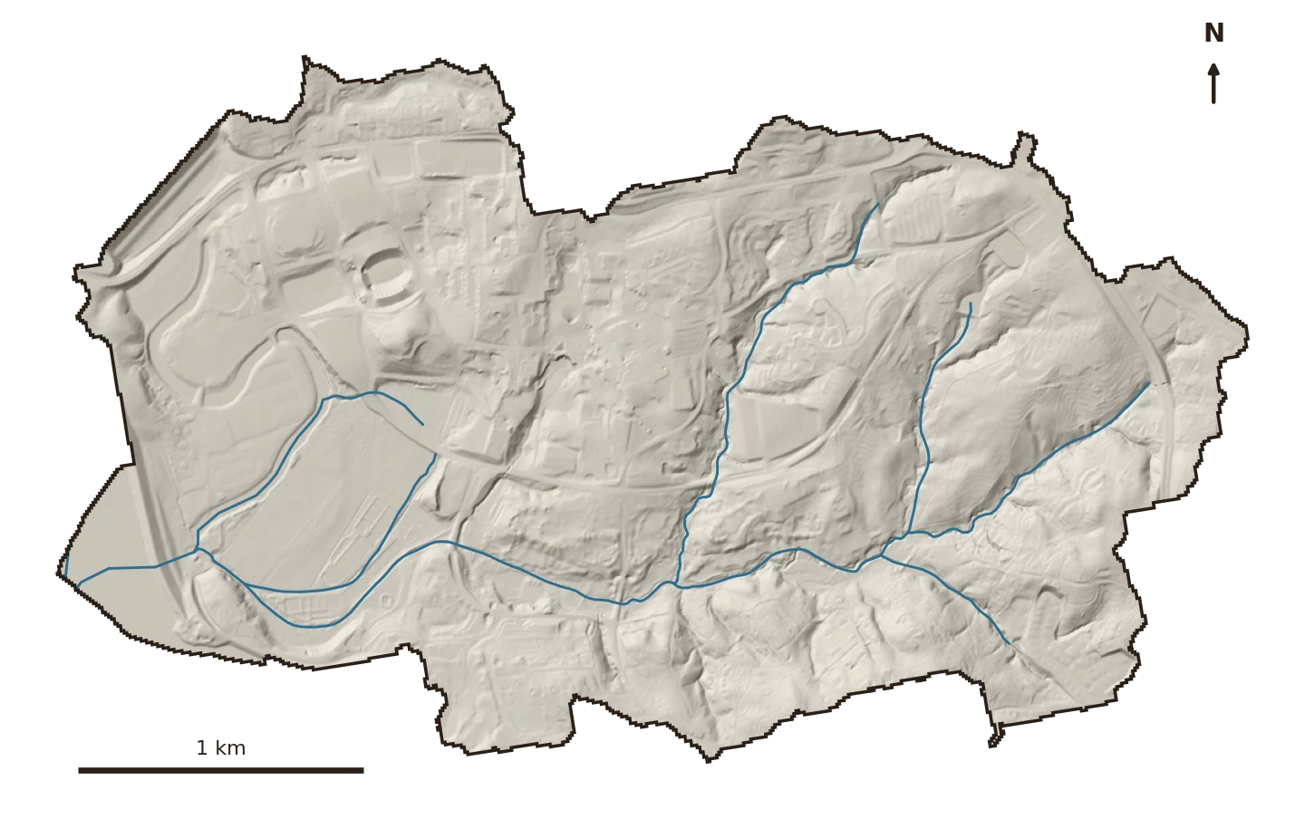 Shaded-relief terrain map of the Hunnicutt Creek watershed with its stream network in blue; the campus core and Memorial Stadium are visible as smooth built pads at upper left, the creek draining west to Lake Hartwell.