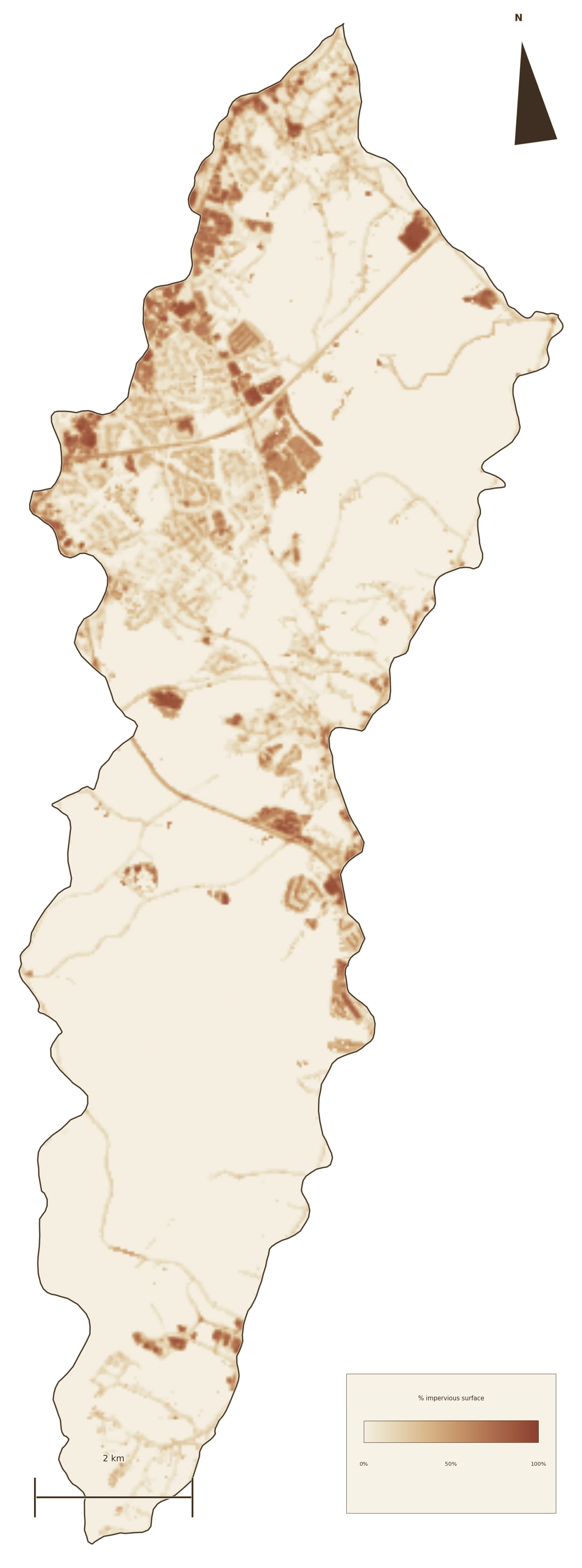 Impervious-surface map of the watershed, darker where roofs and pavement concentrate.