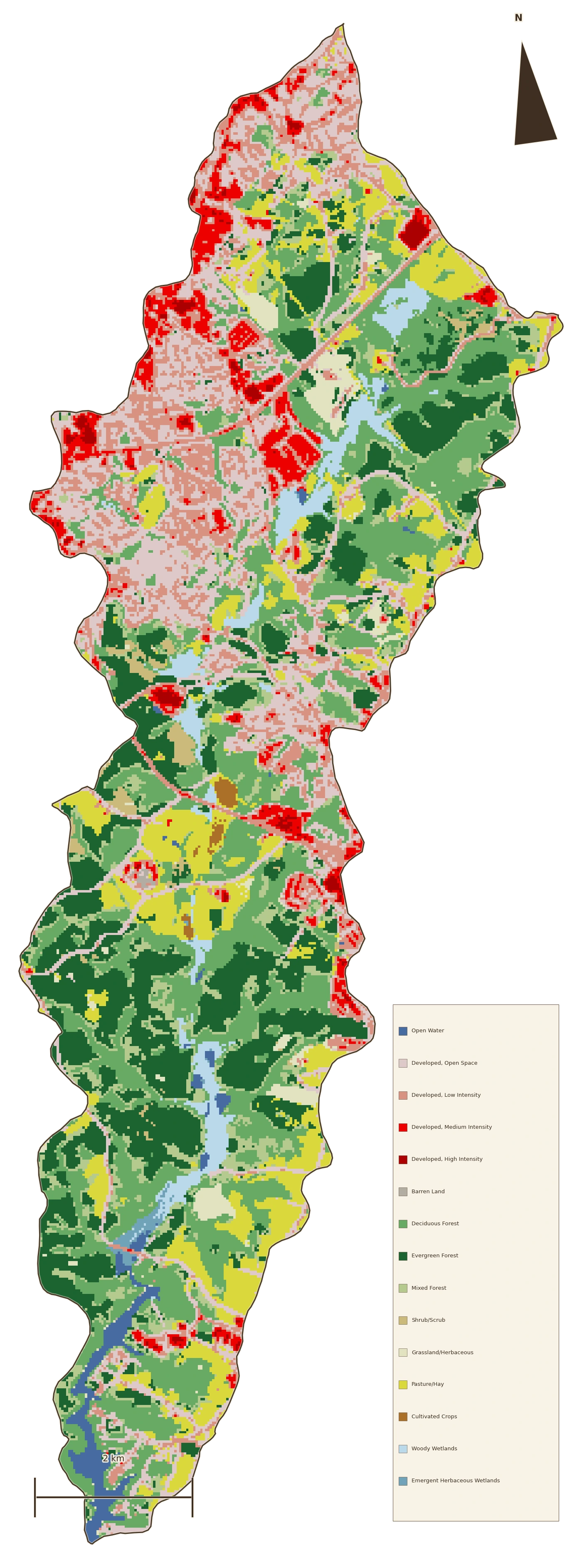 Land-cover map of the watershed, forest in green, developed ground in warm tones, farmland in gold.