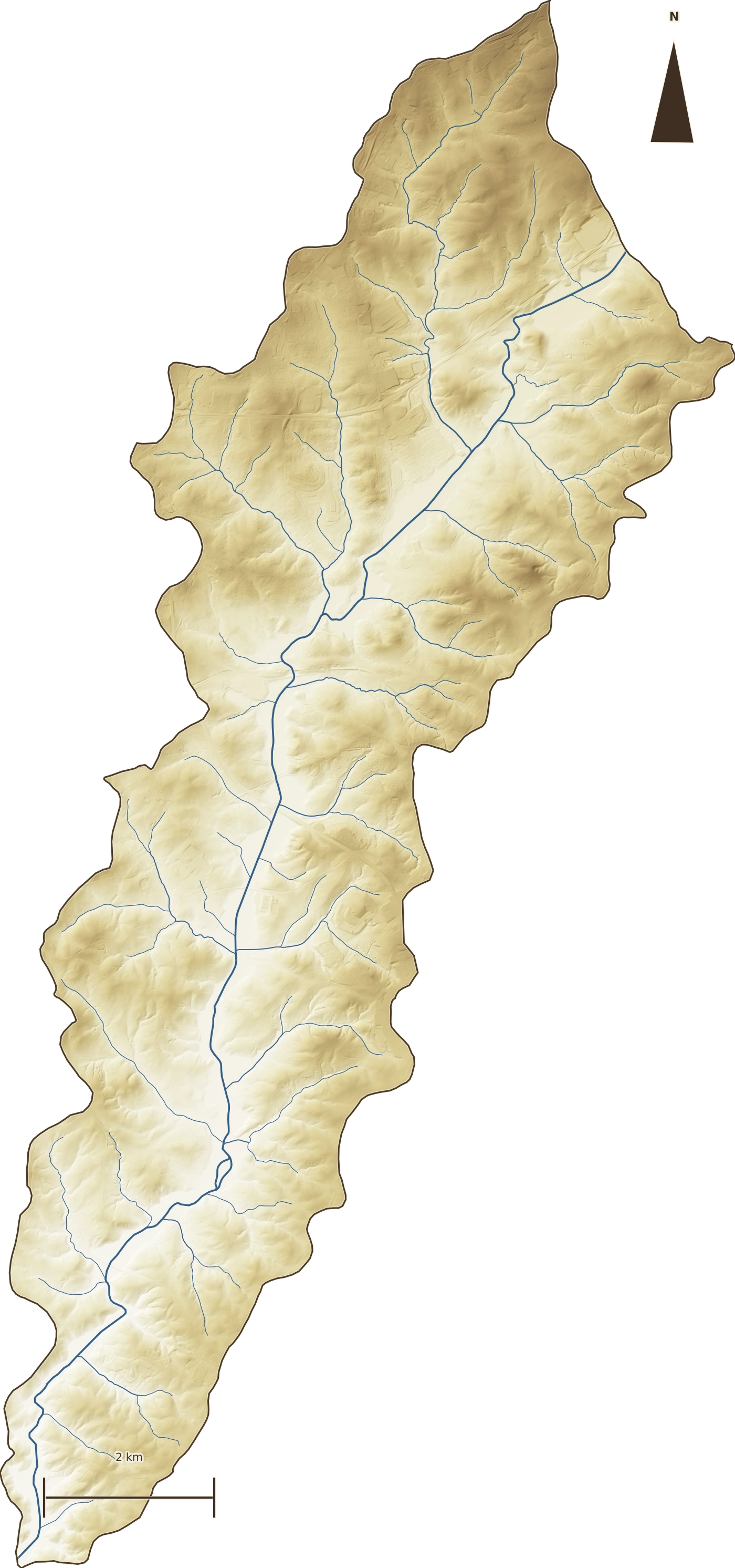 Shaded-relief terrain map of the Lower Eighteenmile Creek watershed with its stream network traced in blue, oriented north, roughly nine miles from ridge to confluence.